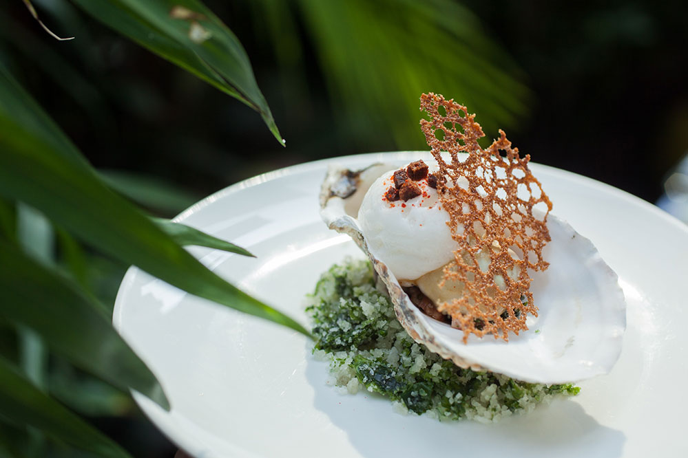 Amber's Ebisu oyster with seaweed, potato & shallot slaw in tomato cloud with chipolata crumble